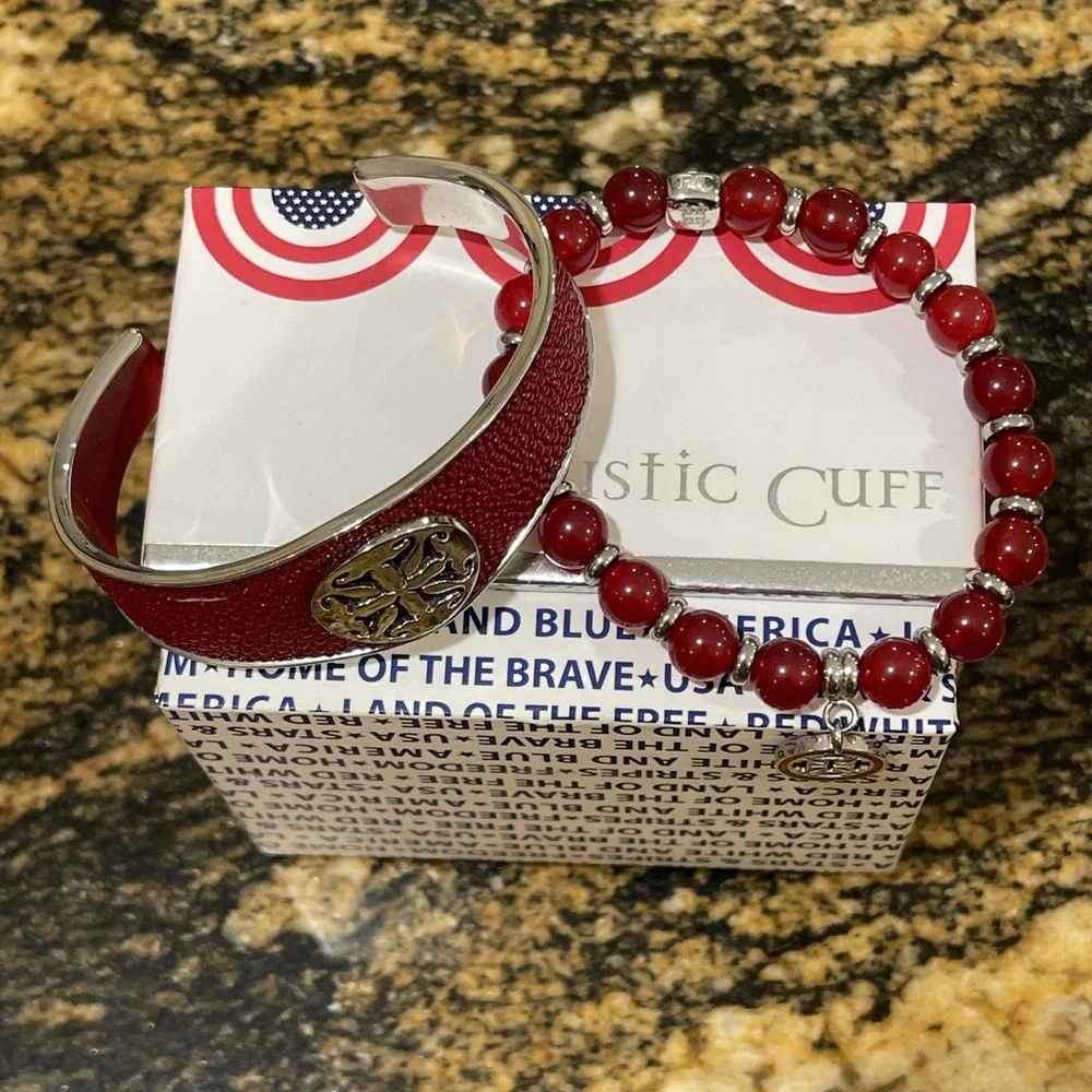 Patriotic Rustic Cuff Set Of 2 Bracelets One Stretch One Metal Cuff Red & Silver
